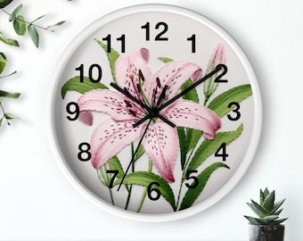 Reloj de pared Pink Tiger Lily, diseño bordado, personalizable
