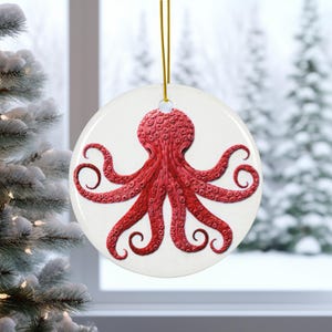 Red Octopus Ceramic Ornament, Embroidery Inspired Design, Holiday Decor, Christmas Tree Ornament, Item 345