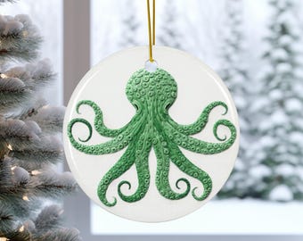 Adorno de cerámica con forma de pulpo verde, diseño inspirado en bordados, decoración navideña, adorno para árbol de Navidad, artículo 343