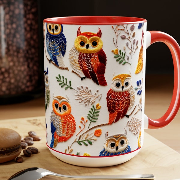 Colorful and Vibrant Embroidered Owl Designed Mug, 15oz, 3D Design, Cozy Home Decor, 3D Embroidery, Owl Motif, Tea Cup, Coffee, 0566