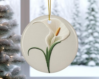 Adorno de cerámica de lirio de cala: decoración navideña floral inspirada en el bordado