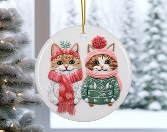 Bundled Up and Cozy Cats Ceramic Ornament, Embroidery Inspired Design, Cute Holiday Decor, Cat Christmas Decoration, Item 088nh
