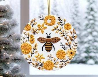 Adorno de cerámica de abeja, diseño de aro inspirado en bordado, decoración navideña, corona de flores para árbol de Navidad, artículo 063nh