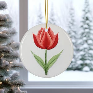 A Red Tulip Ceramic Ornament, Embroidery Inspired Design, Floral Holiday Decor, Flower Christmas Decoration, Item 252nh