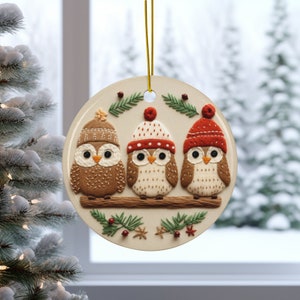 Three Owls in Winter Hats Ceramic Ornament, Embroidery Inspired Design, Holiday Decor, Owl Christmas Decoration, Item 191nh