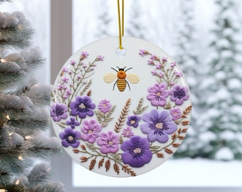 Lovely Violet Wreath with Honey Bee Ceramic Non-Hoop Ornament, Embroidery Inspired Design, Holiday Decor, Christmas Tree Decoration, 336nh