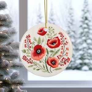Red Poppies Ceramic Ornament: Embroidery-Inspired Floral Christmas Decor