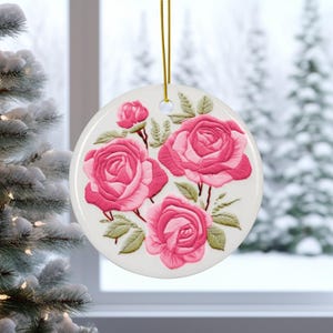 Pink Roses Ornament, Embroidery Inspired Design, Floral Holiday Decor, Flower Christmas Decoration, Item 217Pnh