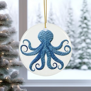 Blue Octopus Ceramic Ornament, Embroidery Inspired Design, Holiday Decor, Christmas Tree Ornament, Item 344b