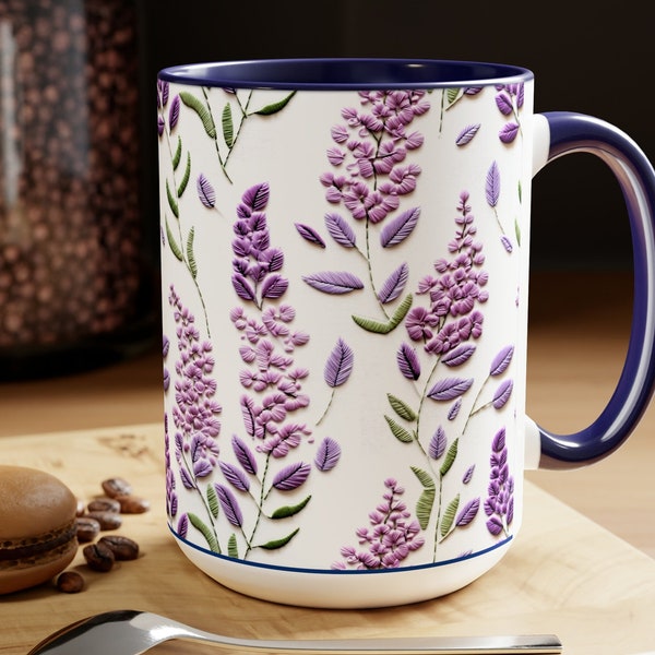 A Light Purple Lilac Mug, Embroidered Floral 3D Design, 15oz, Two-Tone, Cozy Home Decor, 3D Embroidery, Flowers, Tea Cup, Coffee Cup 0252