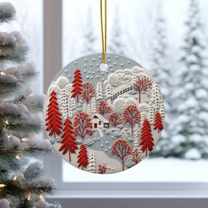 Classic Winter Holiday Scene w/ Red Trees Ceramic Ornament, Embroidery Inspired Design, Holiday Decor, Christmas Decoration, Item 238nh