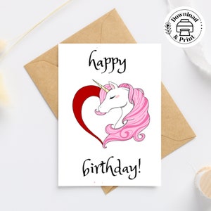 Happy Birthday Pink Unicorn Card, Printable Birthday Card, Magical Cute Pink Heart Unicorn, Birthday Card for Girls with Envelopes