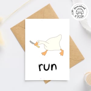 Memekaart Run Goose/Eend met mes, afdrukbare memekaart, Funny Joke Every Occassion-kaarten met enveloppen