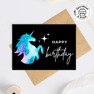 Happy Birthday Galaxy Unicorn Card, Printable Birthday Card, Magical Cute Pink and Blue Star Unicorn, Birthday Card for Girls with Envelopes