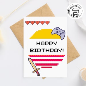 Cartão de aniversário retrô Sunset Gamer, cartão de jogo simples para impressão com controlador e espada, cartão de aniversário para meninos, meninas e adolescentes