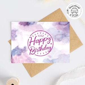 Cartão de feliz aniversário roxo, cartão de aniversário para impressão, nuvens aquarela violeta roxa, selo de aniversário em 2 tamanhos com envelopes