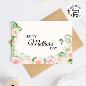 Biglietti stampabili per la festa della mamma con rose, fiori ad acquerello di rose rosa, biglietti artistici ed eleganti, biglietti floreali per la festa della mamma con busta rosa