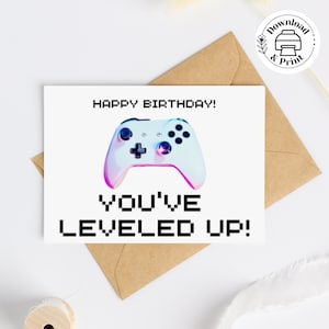 Gaming Controller Printable Birthday Card, You&#39;ve Leveled Up, Blue Pink White Game Controller, 5x7&quot; and 4.25x5.5&quot; Cards with Envelopes
