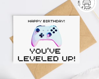 Gaming Controller Printable Birthday Card, You've Leveled Up, Blue Pink White Game Controller, 5x7" and 4.25x5.5" Cards with Envelopes