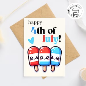 Carta stampabile del 4 luglio, Carta ghiacciolo felice 4 luglio, Carta ghiacciolo USA rossa bianca e blu, Carta ghiacciolo patriottico carino Kawaii