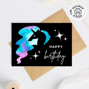 Happy Birthday Galaxy Unicorn Card, Printable Birthday Card, Magical Cute Pink and Blue Star Unicorn, Birthday Card for Girls with Envelopes