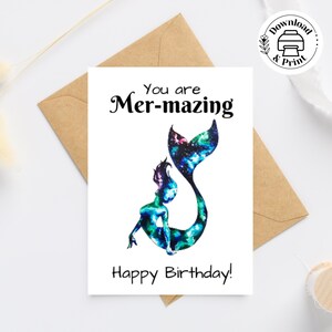 You are Mer-mazing, Happy Birthday Card, Printable Mermaid Card, Galaxy Mermaid Birthday Card, 5x7&quot; and 4.25 x 5.5&quot; Card + Envelopes