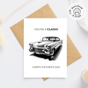 Druckbare Vatertagskarten, alles Gute zum Vatertagskarte, Du bist ein Klassiker, Cadillac-Auto, Oldtimer-Illustrationskarte mit Umschlägen
