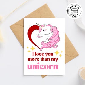 Printable Valentine&#39;s Day Unicorn Card, Printable Sweetheart Card, Magical Cute Pink Heart Unicorn, Valentine&#39;s Day Card for Girls+Envelopes