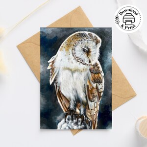 Carta gufo, carta stampabile per tutte le occasioni, carta pittura a olio di un barbagianni, carta amante degli uccelli/Birder, bella carta gufo + buste