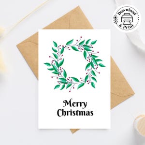 Holly-kerstkaart, wenskaart, aquarel rode en groene krans, kaart van 5 x 7 en 4,25 x 5,5 inch + enveloppen