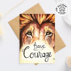 Ayez du courage carte Lion, imprimable toutes les occasions, aquarelle d'un lion doré, carte chrétienne du Lion club + enveloppes