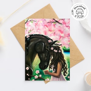 Carta ragazza + cavallo, carta stampabile per tutte le occasioni, dipinto di uno stallone nero tra gli alberi di ciliegio in fiore, ragazze equestri rosa, buste
