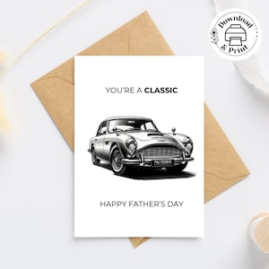 Cartes imprimables pour la fête des pères, carte de fête des pères heureuse, vous êtes un classique, voiture Austin Martin DB5, carte d'illustration de voiture 007 classique + enveloppes