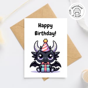 Black Dragon Happy Birthday Card, Printable Birthday Card, Dragon with Bday Gift, Kawaii Cute Dragon Card, Birthday Card + Envelopes