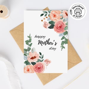 Druckbare Muttertagskarten, rosa und weiße Pfingstrosen-Aquarellblumen, elegante, süße und künstlerische Karte, florale glückliche Mutterrosa-Tageskarte
