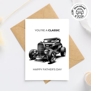 Druckbare Vatertagskarten, glückliche Vatertagskarte, du bist ein Klassiker, Ford-Modellauto, Oldtimer-Illustrationskarte mit Umschlägen