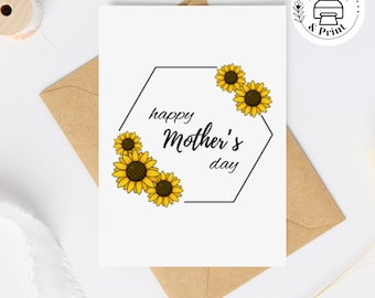 Tarjetas imprimibles del Día de la Madre de Girasol, Flores de Girasol minimalistas, Tarjeta elegante dulce y simple, Tarjeta floral feliz del Día de la Madre