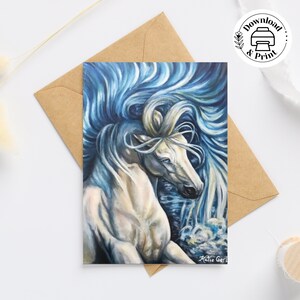 Carta cavallo oceano blu, carta stampabile per tutte le occasioni, dipinto di uno stallone grigio tra le onde dell'oceano, ragazze equestri, carta amante dei cavalli + busta