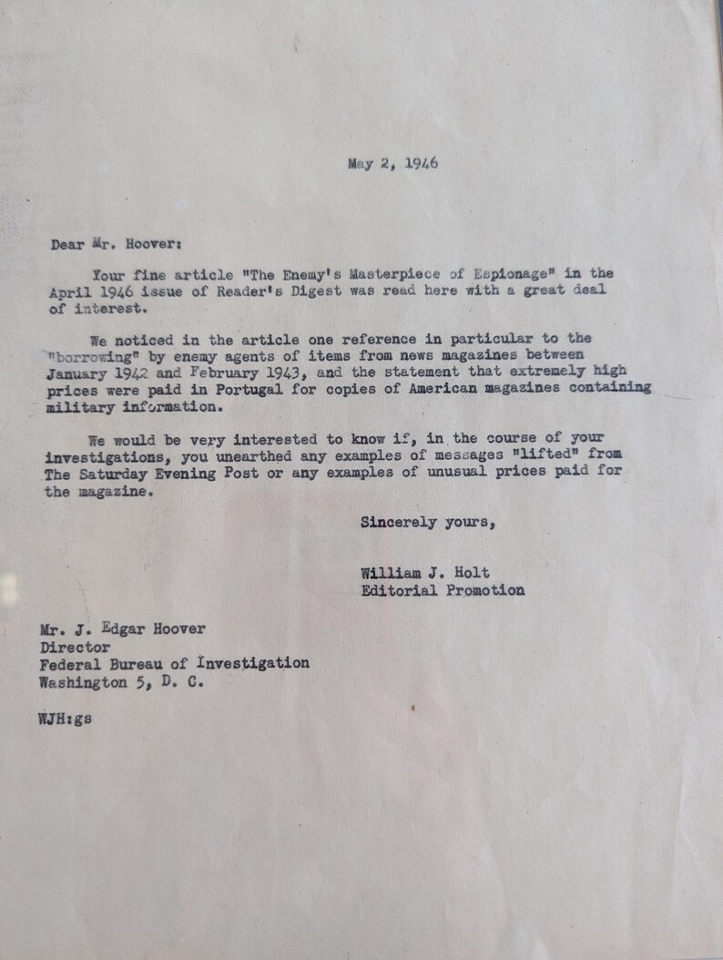 J. Edgar Hoover Signed FBI Letter, WWII Espionage Correspondence Pair ...