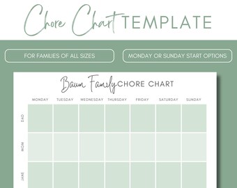 Family Chore Chart, Cleaning Schedule, Chore Chart Printable, Cleaning Checklist, Green