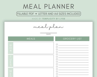 Meal Planner, Grocery List, Weekly Meal Planner, Menu Planner, Fillable PDF, Green