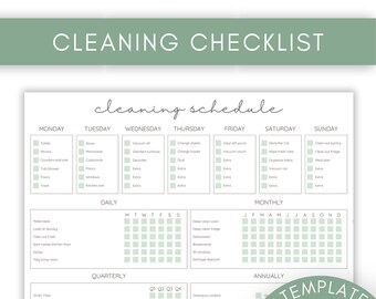 Puede incluir: Una lista de verificación de limpieza imprimible con un esquema de color verde y blanco. La lista de verificación se divide en tareas diarias, semanales, mensuales, trimestrales y anuales. La lista de verificación incluye tareas como hacer la cama, lavar la ropa, limpiar el horno y limpiar las canaletas.