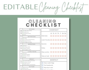 Könnte beinhalten: Eine druckbare Reinigungscheckliste in Schwarzweiß. Die Checkliste ist in tägliche, wöchentliche und monatliche Aufgaben unterteilt. Die Wochentage sind auf der linken Seite der Seite aufgelistet, die Aufgaben auf der rechten Seite. Die Checkliste enthält Aufgaben wie Bett machen, Wäsche waschen, entrümpeln, Geschirr spülen, Arbeitsplatten abwischen, Müll rausbringen, Kühlschrank reinigen, Sockelleisten abstauben, Wände abwischen, Sofas saugen, Fenster putzen, Mülleimer desinfizieren, Backofen gründlich reinigen und Regale abstauben.