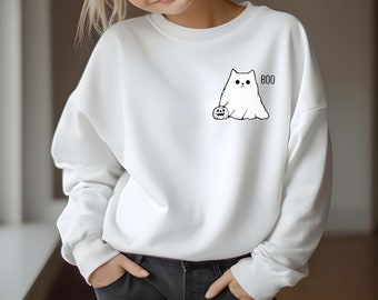 Ghost Cat Halloween Sweatshirt, Halloween Sweater, Spooky Season, 2023 Happy Halloween, Ghost Shirt, Spooky Shirt, Halloween Tee, Ghost Cat