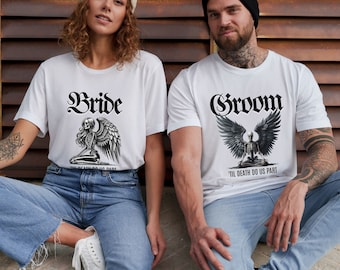 Bride & Groom Skeleton Wedding Shirt, Gothic Wedding Announcement Tee, Skull Shirt, Couples Wedding Shirt, Gothic Wedding, Halloween Wedding