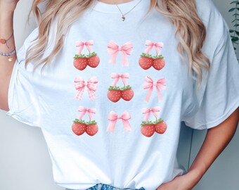 Strawberry Ribbon Shirt, Coquette Strawberry Shirt, Soft Girl Aesthetic, Cute Spring Shirt, Coquette Shirt, Ribbon Shirt, Coquette T-Shirt