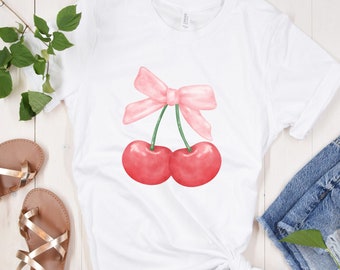 Cherry Ribbon Shirt, Coquette Cherry Shirt, Cherry Shirt, Coquette T-Shirt, Womens Trendy Shirt, Cute Spring Shirt, Ribbon Shirt, Coquette