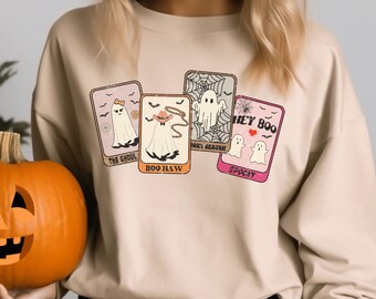 Sudadera fantasma de Halloween, camisa linda de Halloween, temporada espeluznante, feliz Halloween, suéter fantasma, camisa espeluznante, cartas lindas del tarot, camisa fantasma