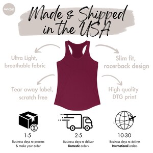 May include: A burgundy racerback tank top with a tear-away label. The tank top is made of a lightweight, breathable fabric and features a high-quality DTG print. Made & Shipped in the USA.