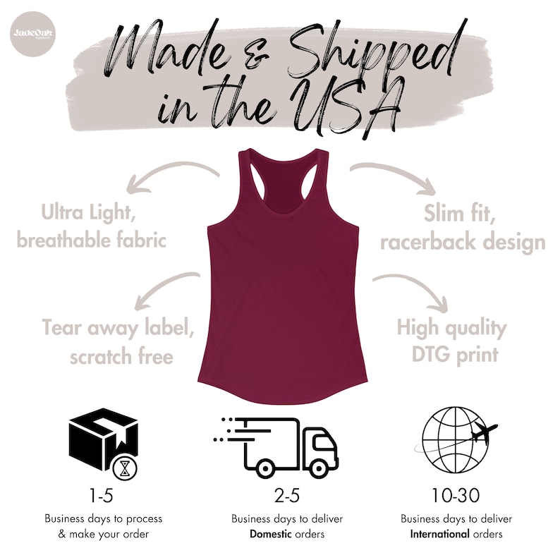 May include: A burgundy racerback tank top with a tear-away label. The tank top is made of a lightweight, breathable fabric and features a high-quality DTG print. Made & Shipped in the USA.